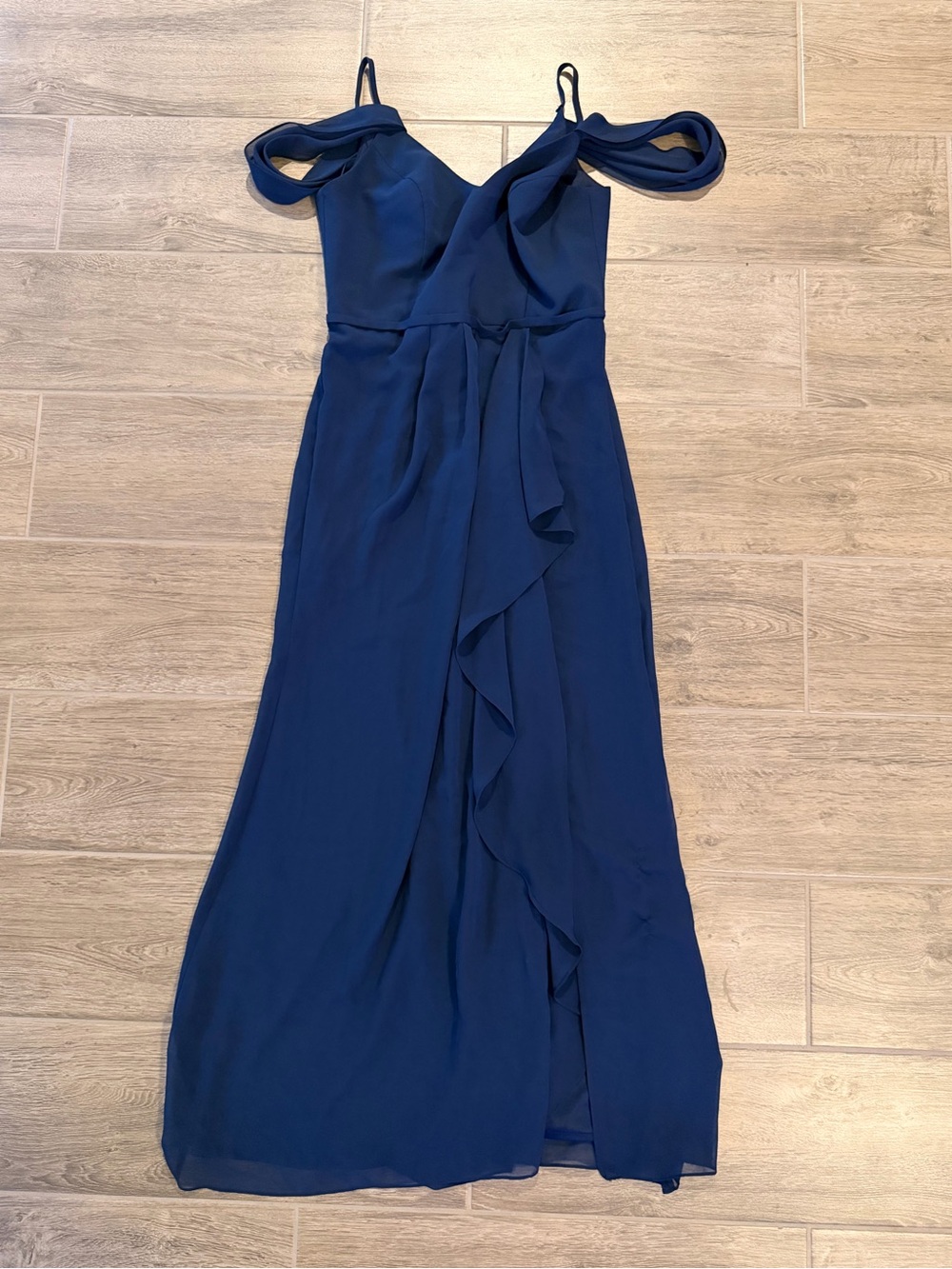 Navy Off-Shoulder Ruffle Gown